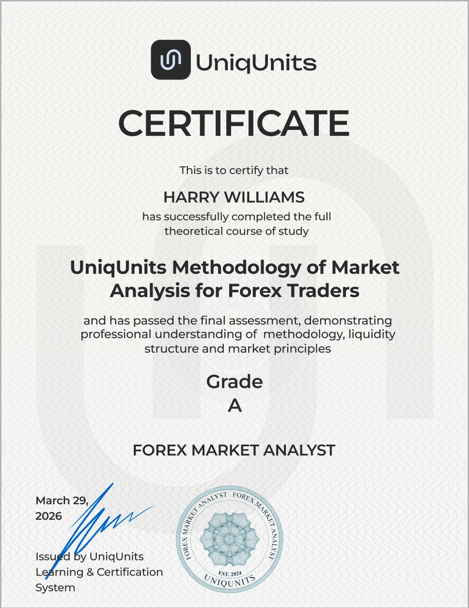 UniqUnits certificate